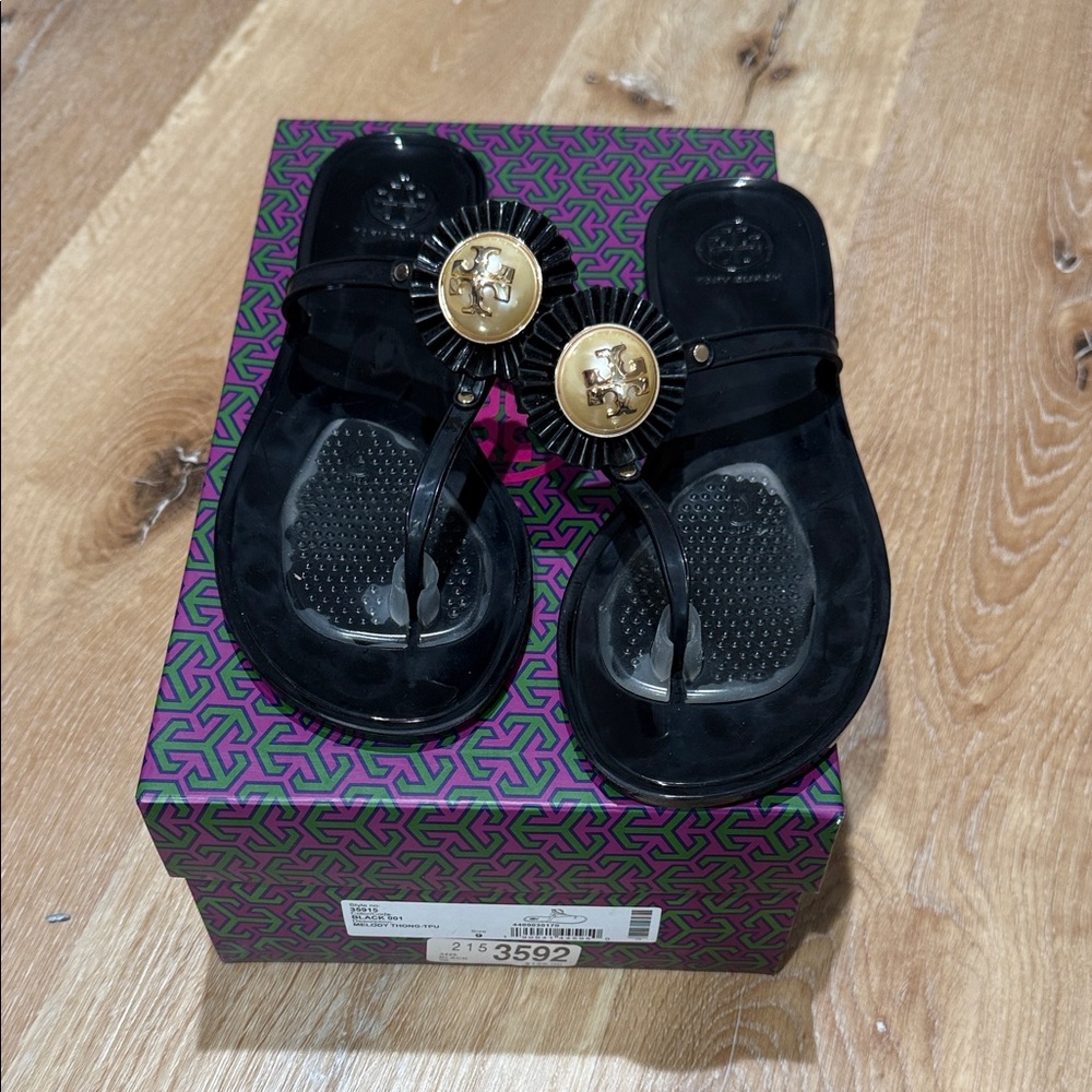 Tory Burch Black melody Sandals with Gold Medallions size 9